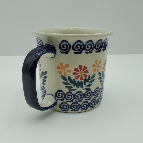 Polish Pottery Garden Bouquet Mug Red Yellow Gold Daisy Blue Swirl Mug - Picture 4 of 8
